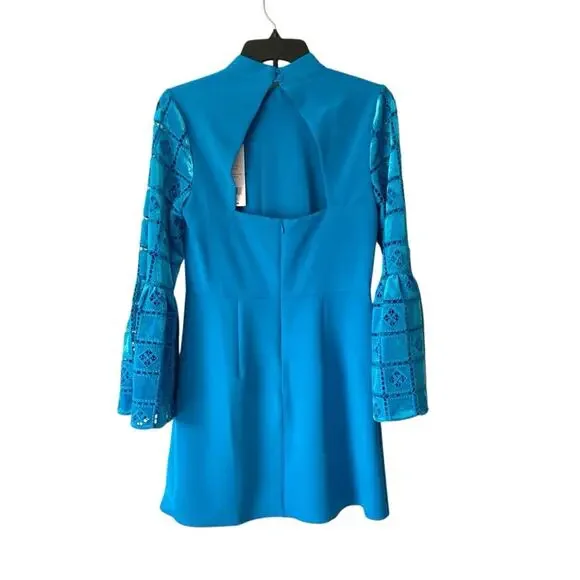 French Connection NWTs Garnet Velvet Lace Sleeve Turquoise Blue Mini Dress 4 - Picture 7 of 12